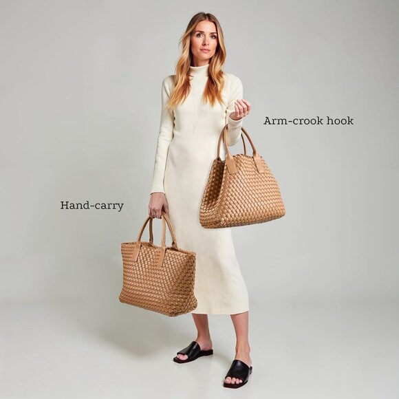 Apricot vegan woven tote bag for women, large convertible handbag with zipper - Picture 4 of 7